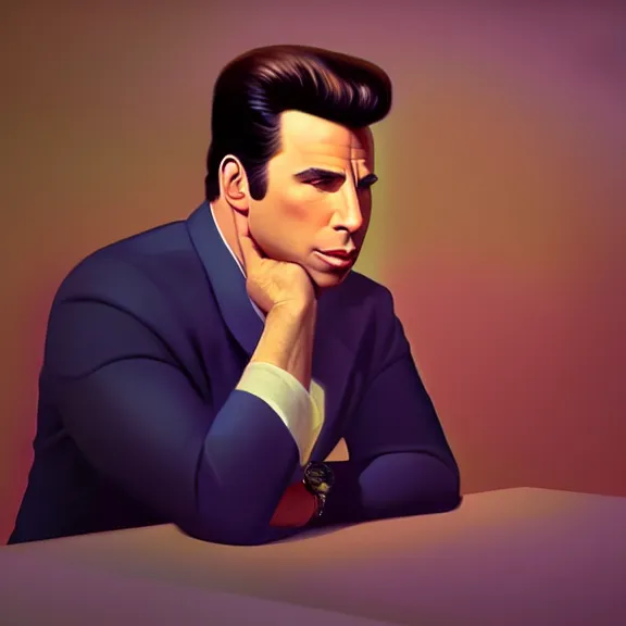 Image similar to beautiful illustration of John Travolta by Edward Hopper, clean lines, very detailed, colorful octane render