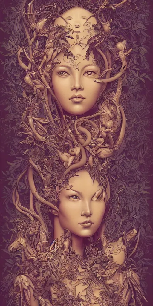 Prompt: a sculpture of mythical creatures by syd mead and audrey kawasaki, elegant and unusually large beautiful female face emerging from the jungle, intricate, elegant, highly detailed, digital painting by audrey kawasaki, artstation, concept art, ambient occlusion, vray render,