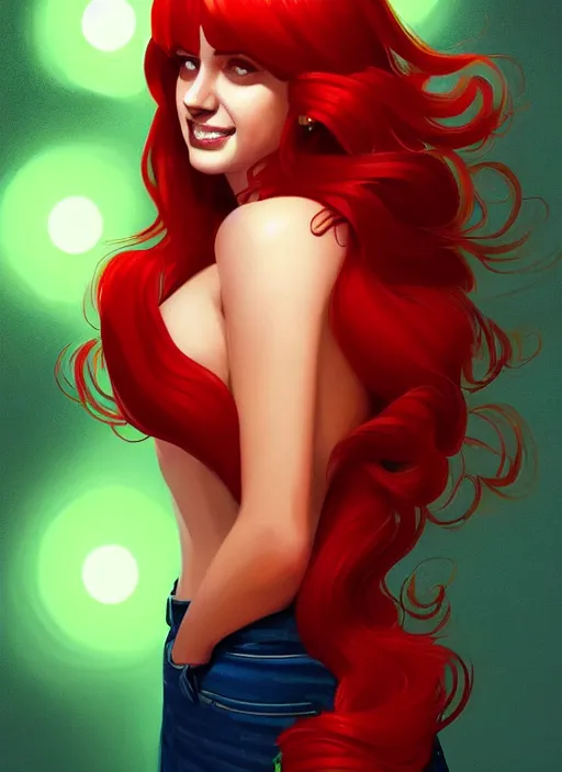 Image similar to full body portrait of teenage cheryl blossom, bangs, green eyes, mischievous expression, red hair, sultry smirk, bangs and wavy hair, intricate, elegant, glowing lights, highly detailed, digital painting, artstation, concept art, smooth, sharp focus, illustration, art by wlop, mars ravelo and greg rutkowski