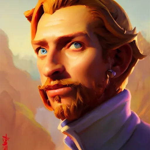 Image similar to Greg Manchess portrait painting o Guybrush Threepwood as Overwatch character, medium shot, asymmetrical, profile picture, Organic Painting, sunny day, Matte Painting, bold shapes, hard edges, street art, trending on artstation, by Huang Guangjian and Gil Elvgren and Sachin Teng