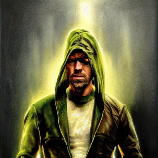 Image similar to surreal portrait painting of oliver queen in style of kenne gregoire, 4 k, highly detailed, epic lighting