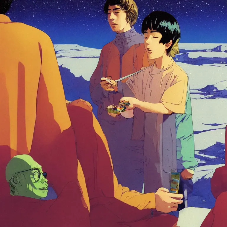 Prompt: a portrait of a young man explaing his trip with a transparent glass portrait of a young man holding a colorful blotter paper of lsd acid and dreaming psychedelic hallucinations in the vast icy landscape of antarctica, by soul bass, kawase hasui, moebius and edward hopper, colorful flat surreal design, xray hd, 8 k, artstation