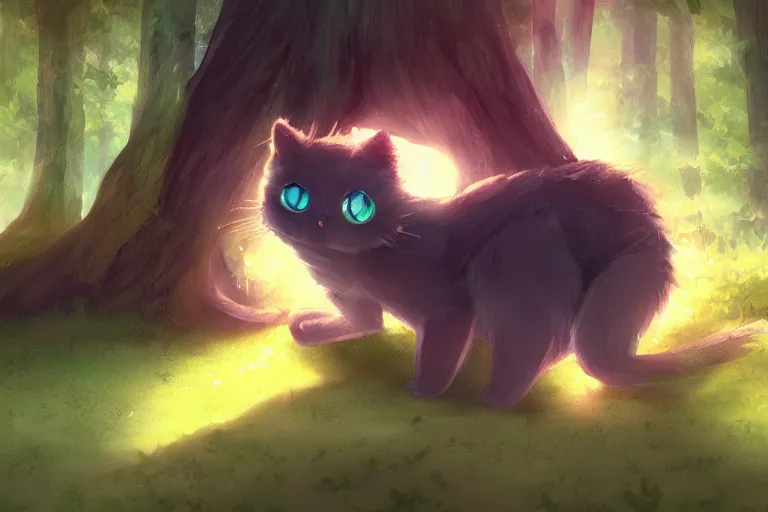 Image similar to a cat in the forest, trending on artstation, trending on furaffinity, digital art, by kawacy, anime, furry art, warm light, backlighting, cartoon, concept art