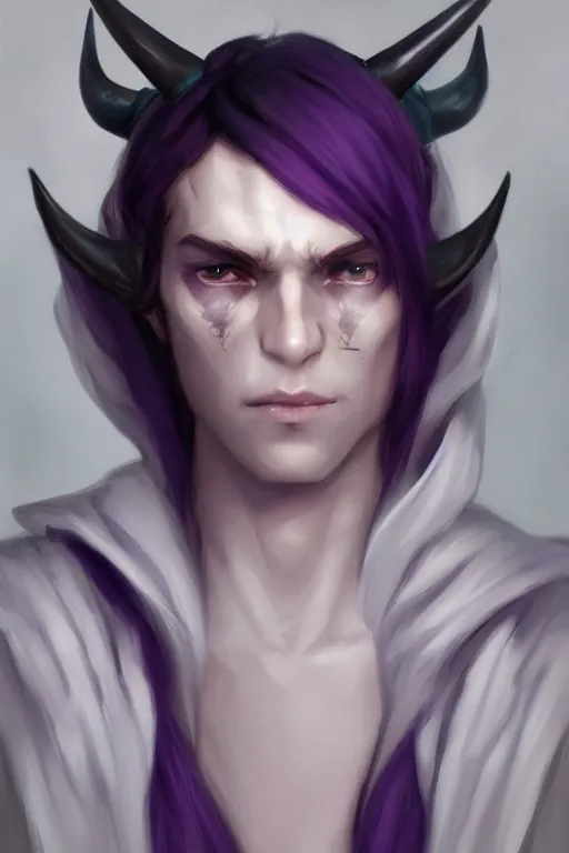 Prompt: white horns djinn human hybrid, fit, portrait, concept art, full body purple and white thich cloak, single face, illustration, costume desig, editorial photo, fashion, hyperrealism, realism, trending on artstation, Charlie Bowater, WLOP