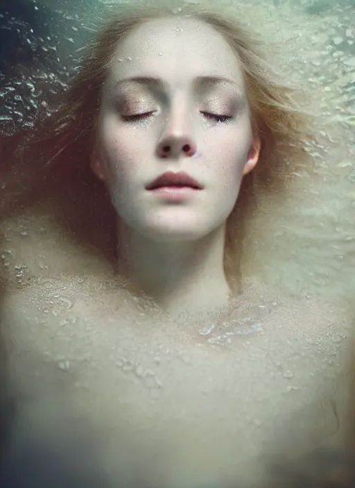 Image similar to Kodak Portra 400, 8K, soft light, volumetric lighting, highly detailed, britt marling style 3/4 by Martin Stranka , portrait photography of a beautiful woman with her eyes closed,inspired by Ophelia by Martin Stranka, the face emerges from water of Pamukkale, underwater face, anatomical real full body dressed ethereal lace dress floating in water surface , the hair are intricate with highly detailed realistic beautiful brunches and flowers like crown, Realistic, Refined, Highly Detailed, soft blur background, outdoor soft pastel lighting colors scheme, outdoor fine art photography, Hyper realistic, photo realistic