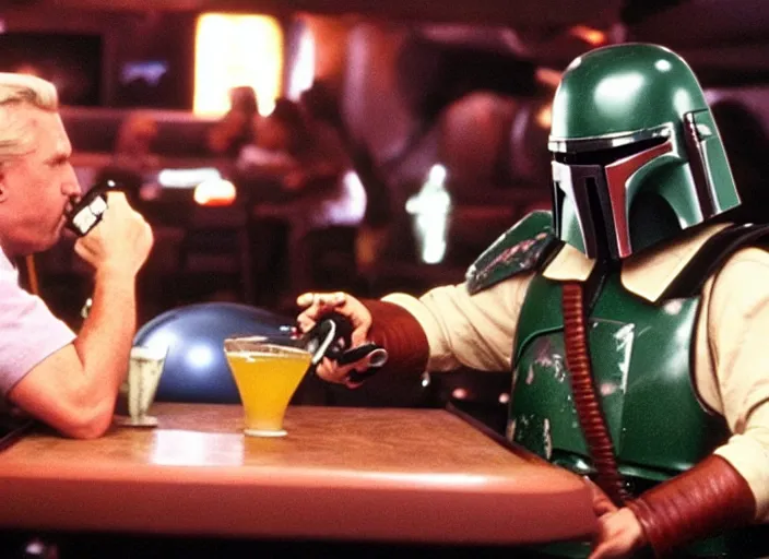 Prompt: boba fett and earth vader drinking at a bowling alley bar in the movie the big lebowski