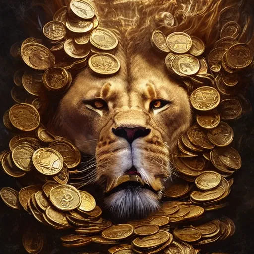 Image similar to a beautiful detailed 3 d matte portrait of a alchemist lion, by ellen jewett, by tomasz alen kopera, by justin gerard, ominous, magical realism, texture, intricate, skull, skeleton, gold coins, money, whirling smoke, alchemist bottles, radiant colors, fantasy, volumetric lighting, high details