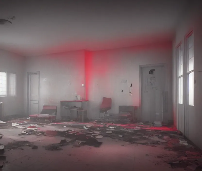 Image similar to Abandoned hospital room with red ceiling lighting and several blue lights on the walls, gloomy and foggy atmosphere, octane render, artstation trending, horror scene, highly detailded