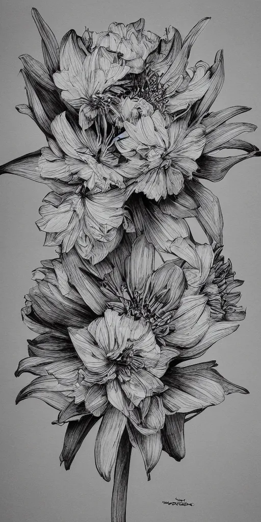 Image similar to highly detailed beautiful photography of flower, sharp focus, dramatic, dynamic, lighting, elegant, black background, harmony, beauty, masterpiece, by durero, by kim jung gi, pen draw