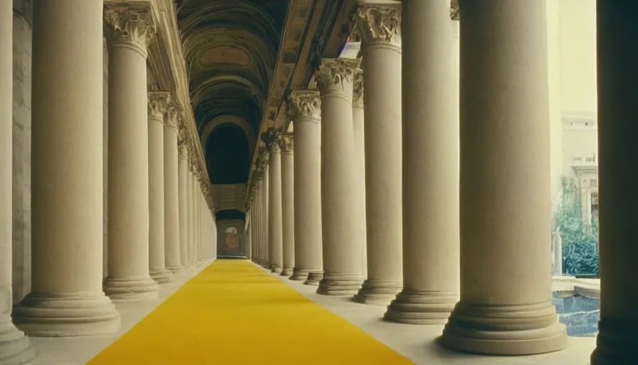 Prompt: 1 9 7 0 s movie still of old socrates in blue drapery in a fade yellow neoclassical corridor with collums, cinestill 8 0 0 t 3 5 mm, high quality, heavy grain, high detail, panoramic, ultra wide lens, cinematic composition, dramatic light, anamorphic, piranesi style