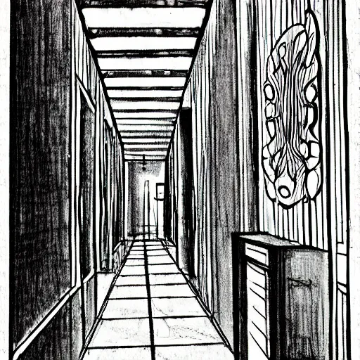 Prompt: Manga sketch of a liminal hallway