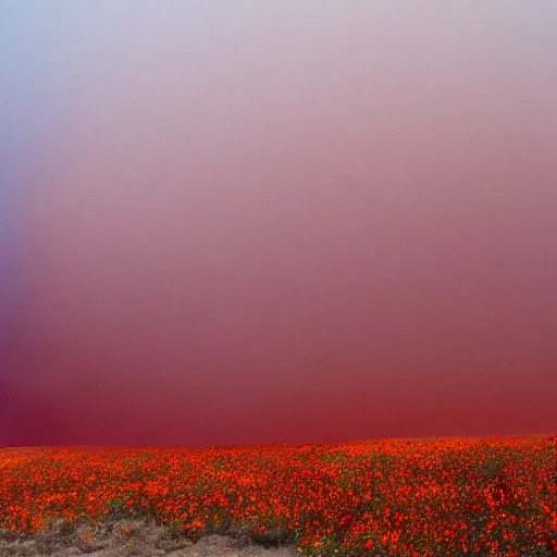 Prompt: an orange sandstorm cloud approaching red flowerfield in the desert