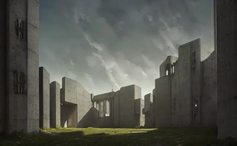 Prompt: exterior shot of utopian english brutalist medieval stronghold architecture with cinematic lighting by zaha hadid peter zumthor and renzo piano and, darek zabrocki and greg ruthkowski, simon stalenhag, cinematic, holy place, paradise, scifi, futurism, atmospheric, concept art, artstation, trending on artstation