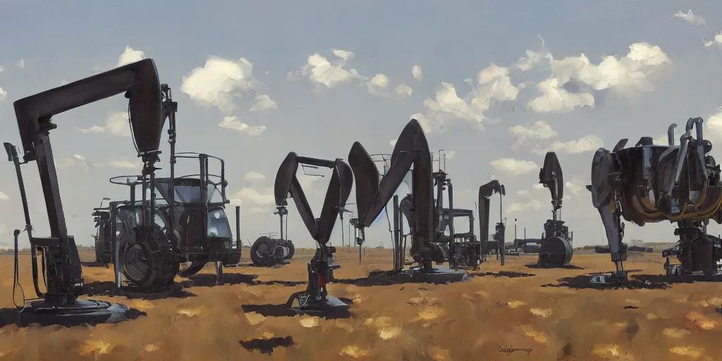 Prompt: oil painting futuristic automated farm, robot machinery, sleek, organic, white, perfect weather, by Gregory Manchess, John Picacio and Brom, artstation