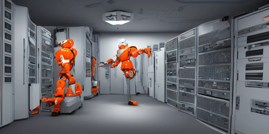 Prompt: parallax datacenter server room white - orange robocowboy in artstation