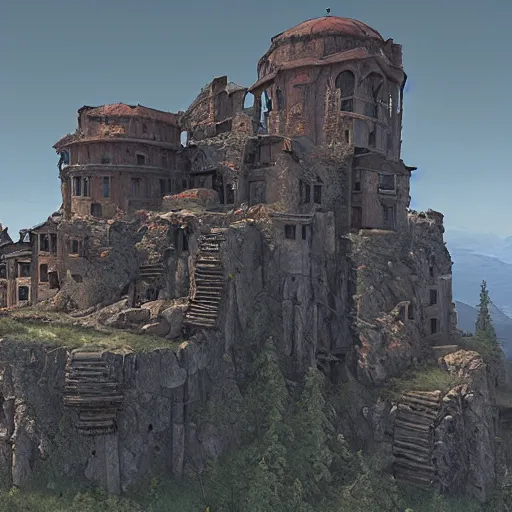 Image similar to ruined mountainside monastery post apocalyptic sci - fi, by tom thomson and odilon redon and jakub rozalski, unreal engine, 2 0 megapixels