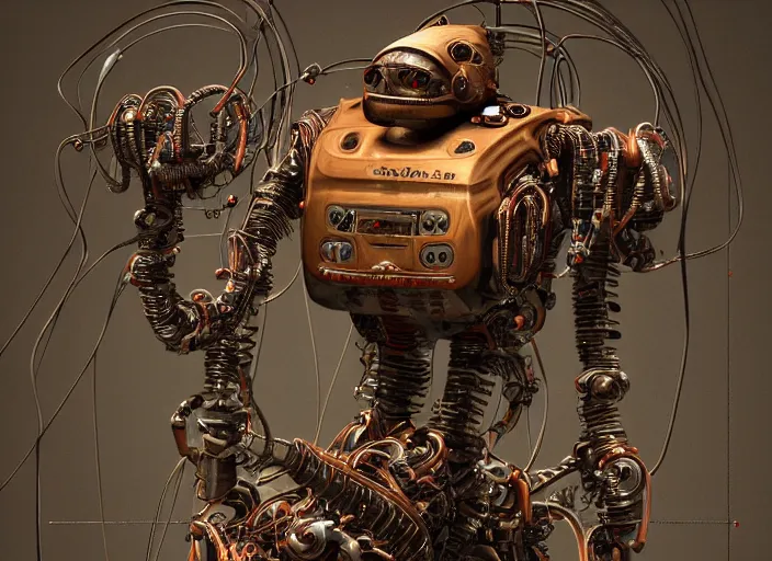 Image similar to Techno-biological rusty robot geisha consisting of wires and actuators. Biopunk, body armor, high detail, photorealism, full length view, concept art, dark background, Dan Mumford, Quixel Megascans, kanji tattoos and decals, octane render, 16k, 8k