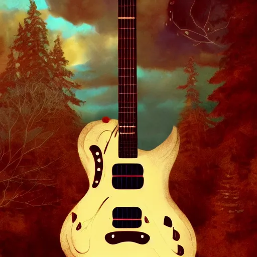 Image similar to world of guitar , guitar as a character of magical world , realistic, concept art trending on artstation, devainart,illustration, atmospheric, hyperreal, hyperdetailed, 8k,hd