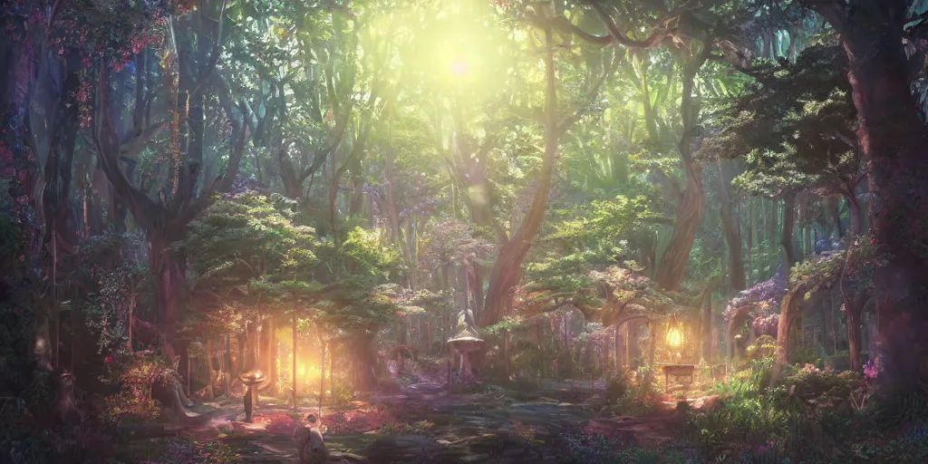 Image similar to the aesthetic view of the beautiful, grand, wistful, dreamy hidden forest at dusk, hyperrealistic anime illustration by iralki nadar, colorful, extremely detailed, intricate linework, super sharp focus, bright colors, octopath traveler, studio ghibli, unreal engine 5 highly rendered, global illumination, radiant light, detailed and intricate environment