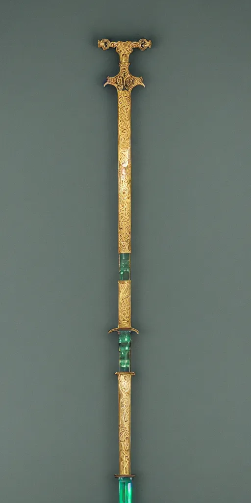 Image similar to photograph of a large green and teal crystal sword with a gold sword hilt