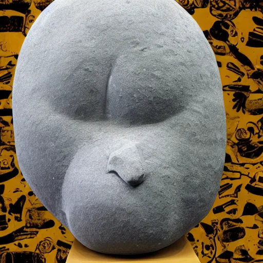 Image similar to cosy, chaotic by robert gillmor. a mixed mediart of a large granite boulder carved to resemble a human face. the nose is slightly upturned, & the eyes & mouth are closed.