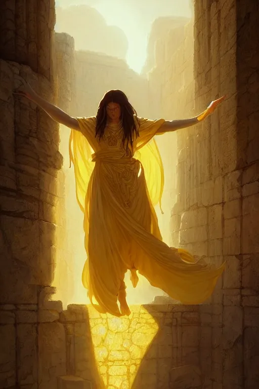 Image similar to possessed woman wearing an ancient greek tunic made of yellow paper, stephen bliss, unreal engine, fantasy art by greg rutkowski, rhads, ferdinand knab, makoto shinkai and lois van baarle, ilya kuvshinov, rossdraws, tom bagshaw, global illumination, radiant light, ancient greek temple ruins, red and blue theme