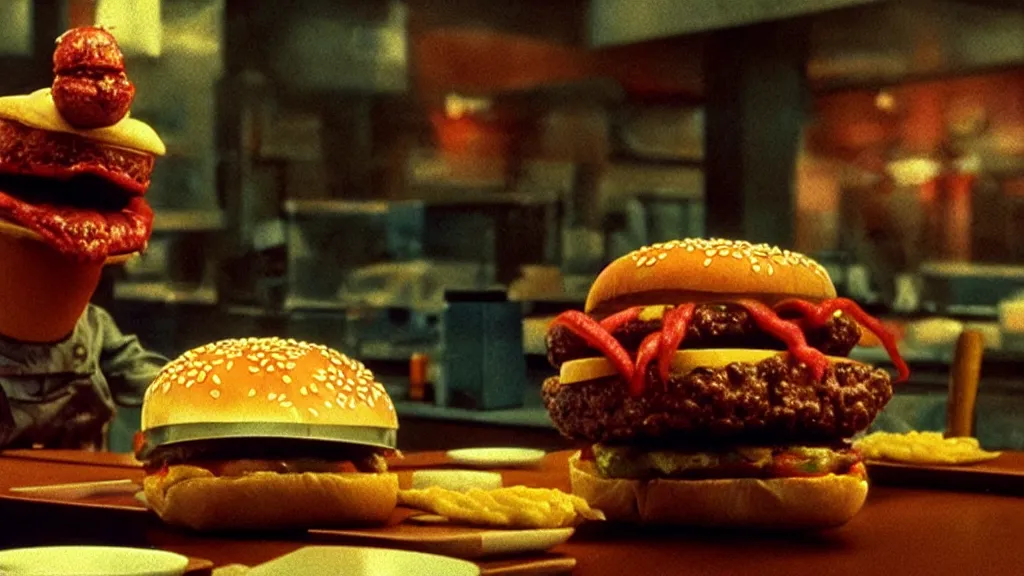 Image similar to the strange cheeseburger creature at the fast food place, film still from the movie directed by denis villeneuve and david cronenberg with art direction by salvador dali and zdzisław beksinski, wide lens