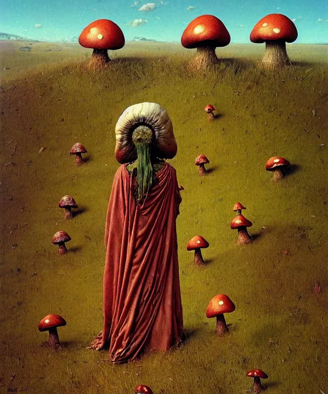 Image similar to A detailed funguswoman stands among the mushroom hills. Wearing a ripped mantle, robe. Perfect faces, extremely high details, realistic, fantasy art, solo, masterpiece, art by Norman Rockwell, Zdzisław Beksiński