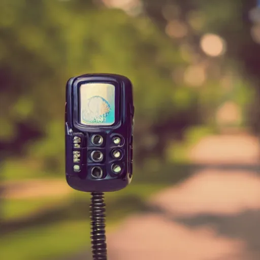 Image similar to retro walkie-talkie, close-up, simple blurred background, product shot, realistic, utopian, painted