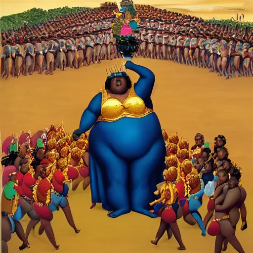 Image similar to an extremely obese ssbbw africn queen with a golden crown being carried through a vast and endless open air buffet by an army of servants, by fernando botero.