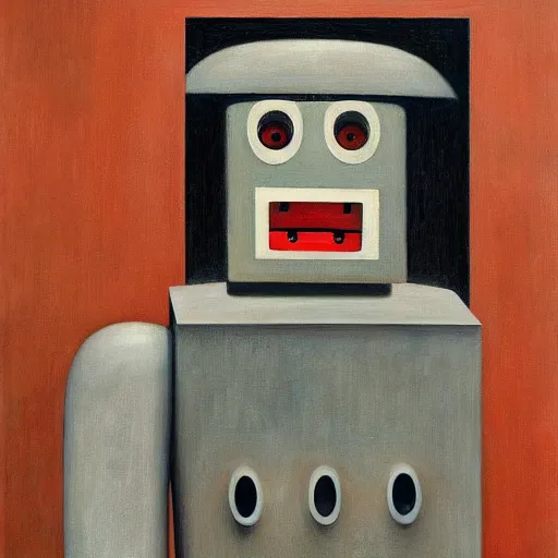 Image similar to brutalist robot with kind eyes portrait, lowbrow, pj crook, grant wood, edward hopper, oil on canvas