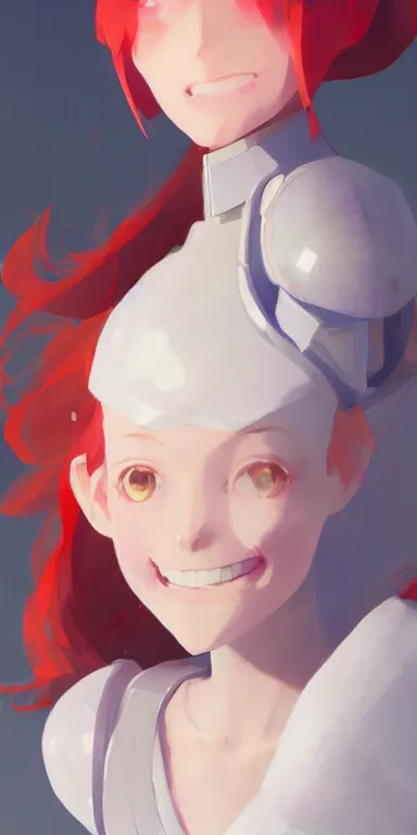 Prompt: concept art of young cute curvacious redhead cyborg woman softly smiling at camera wearing 🩳 and 👕 illustration illustration concept art anime key visual trending pixiv fanbox by wlop and greg rutkowski and makoto shinkai and studio ghibli and kyoto animation