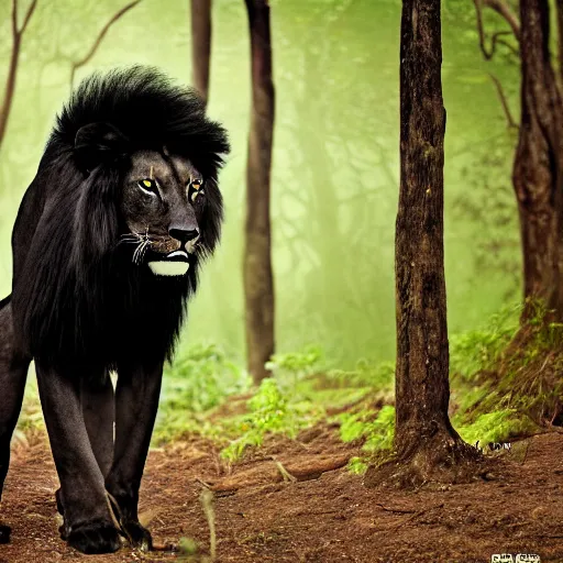 Image similar to professional wildlife photograph of a black lion standing in dark jungle, surrounded by surreal trees, cinematic lighting, staring eyes, apex predator, natgeo, 3 5 mm lens