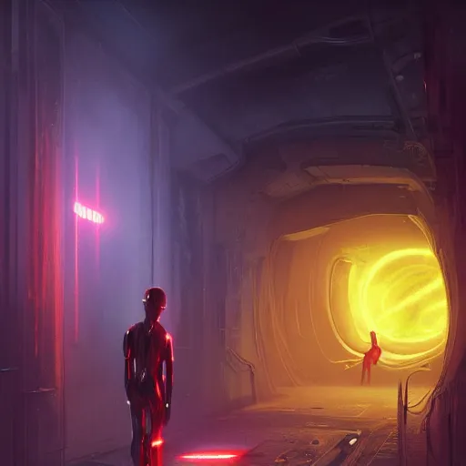 Image similar to humanoid yellow electric ghostly transparent lightning elemental wearing red and blue sci-fi goggles, haunted spaceship hallway, sci-fi artwork, horror, 8k, concept art, dramatic pose, art by artgerm and greg rutkowski, close shot, trending on artstation, creepy atmosphere