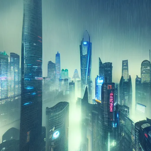 Prompt: cyberpunk shanghai lujiazui in the night seen from below, cityscape, mist, rain, artstation, 8 k