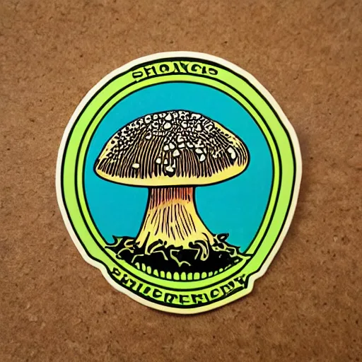 Image similar to Spencers Shroomery sticker. Mushroom theme, 1970s style, by Aaron Draplin