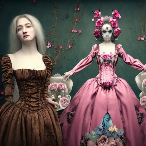 Image similar to 8k, realism, octane render, renaissance, rococo, baroque, group of creepy young ladies wearing renaissance long harajuku manga dress with flowers and skulls, background chaotic flowers