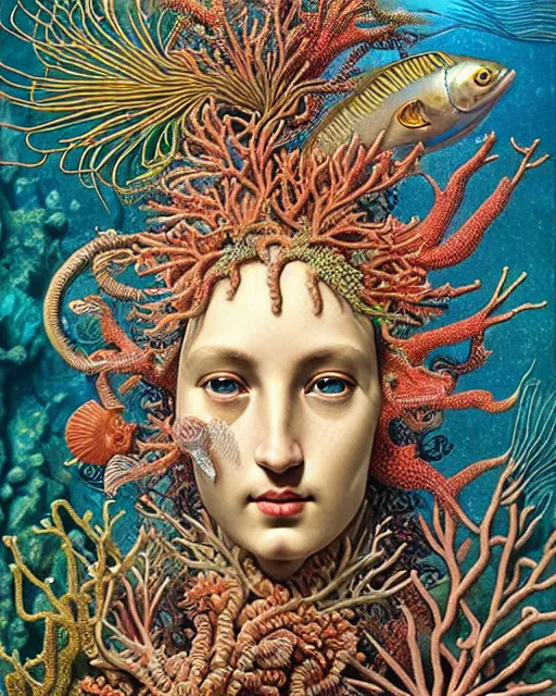 Prompt: hyperrealistic detailed underwater face portrait of the beautiful goddess of the fish with an intricate headgear of corals, sea kelp, sea plants, fish, starfish, jellyfish, art by ernst haeckel, james jean, gothic, neo - gothic, ornamental, beautiful deep colours,