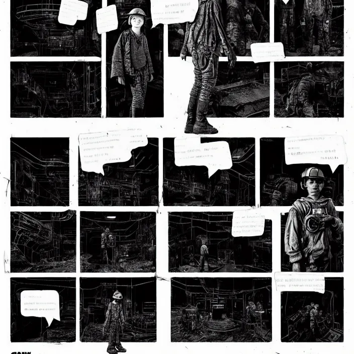 Image similar to tired sadie sink as a miner waits in a queue to a scifi cube room. set outside a coal mine. storyboard, scifi cyberpunk. by gabriel hardman, joe alves, chris bonura. cinematic atmosphere, detailed and intricate, perfect anatomy