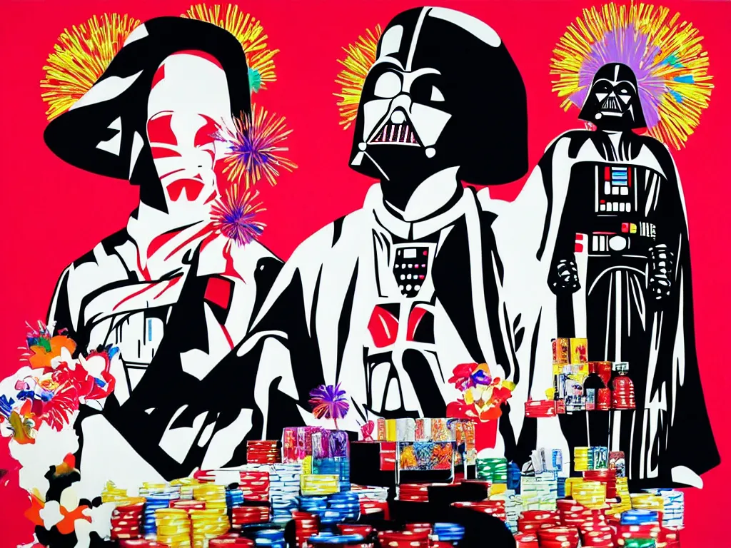 Image similar to hyperrealistic composition, in the middle a woman in a japanese kimono, behind her stands darth vader, in front of her a table from the casino, in the background is mount fuji and fireworks, pop - art style, jacky tsai style, andy warhol style, acrylic on canvas