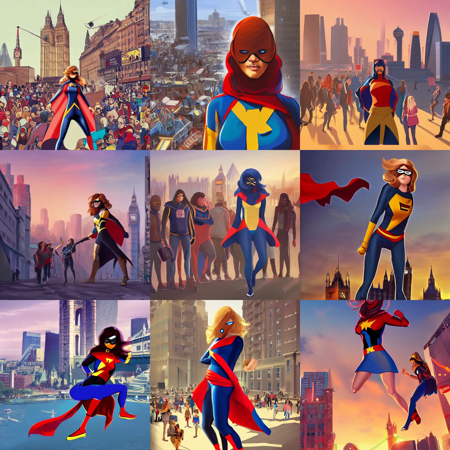 Prompt: Giant Ms. Marvel stands next to London, surrounded by people, digital art, trending on ArtStation, Gulliver's Travels