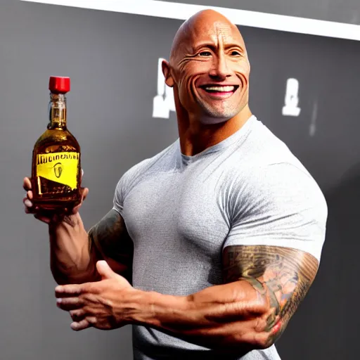 Prompt: dwayne johnson wearing a soviet hat and holding a bottle of vodka