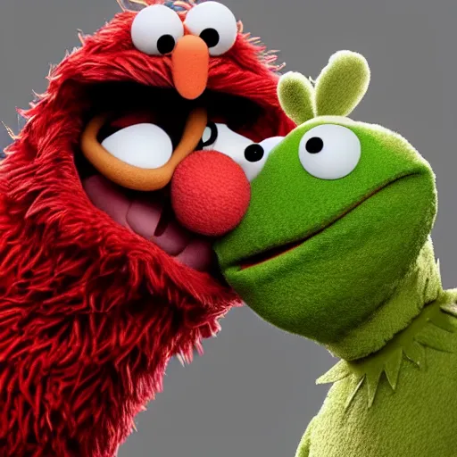 Prompt: a still of bert and elmo sharing a kiss, muppet character looking very manly and modern, hilarious, laughing, hairy chest, huge chin, manly monster tough guy, roughled fur, photo real, photographic, photograph, artstation, trending, featured