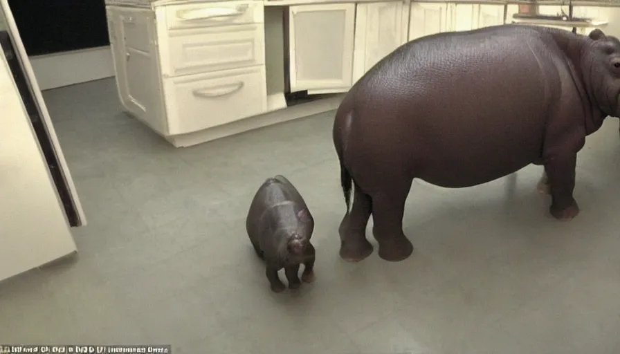 Image similar to a hippopotamus in a kitchen, by mini dv camera, very very low quality, heavy grain, very blurry, accidental flash, webcam footage, found footage, security cam, caught on trail cam