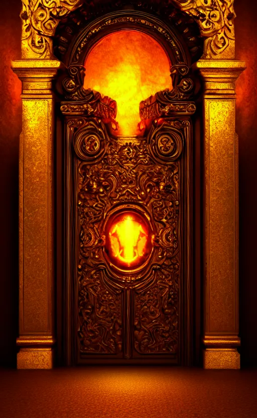 Prompt: a ornamental gate into hell, gold, ornament, intarsia, portal, doorway, dynamic lighting, ambient lighting, atmospherical, photorealistic fantasy concept art, trending on art station, stunning visuals, creative, cinematic, ultra detailed