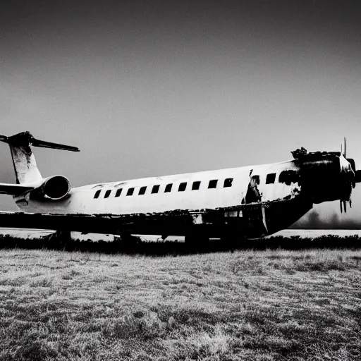 Image similar to black and white press photograph of a rusted abandoned business jet airplane, full view, detailed, natural light, mist, film grain, soft vignette, sigma 5 0 mm f / 1. 4 1 / 1 0 sec shutter, imax 7 0 mm footage