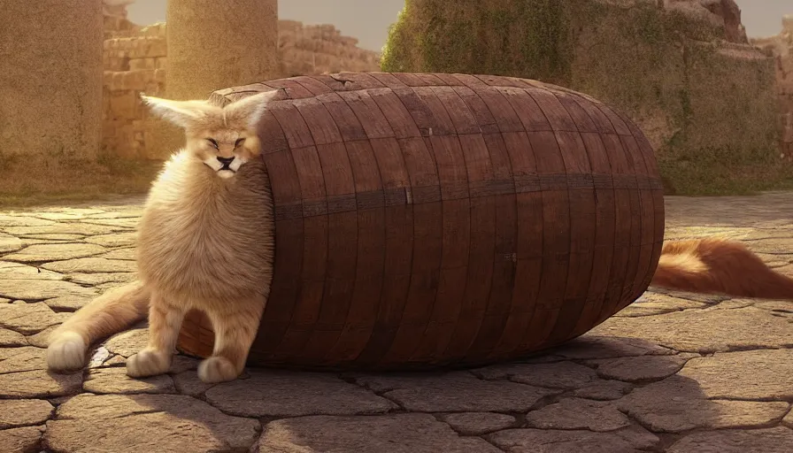 Prompt: wooden barrel on one side, fullbody photo of lying cute fluffy caracal in it, ancient greek city, sunny day, by ilya kuvshinov, rtx rendering, octane render 1 2 8 k, maya, extreme high intricate details by tom bagshaw, medium shot, close up shot, composition by sana takeda, lighting by greg rutkowski
