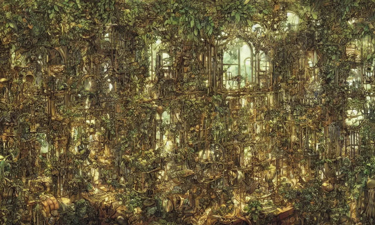 Prompt: Inside a steampunk machine room with lush vegetation growing around the achines, tropical trees, large leaves, flowers, very detailed painting, by Rebecca Guay