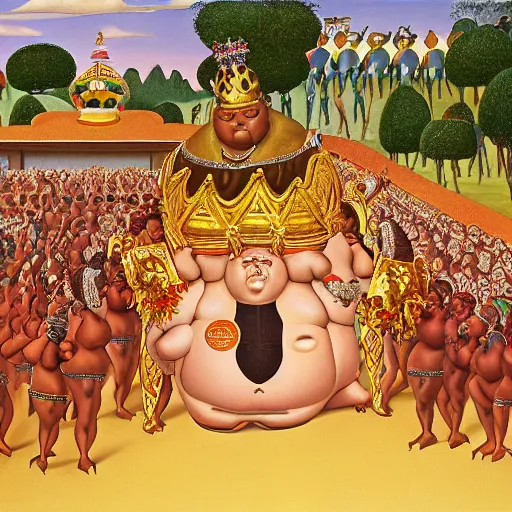 Image similar to an extremely obese ssbbw africn queen with a golden crown being carried through a vast and endless open air buffet by an army of servants, by fernando botero.