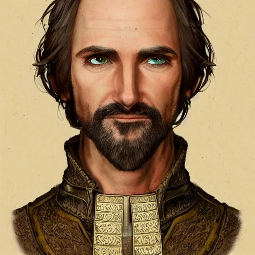 Image similar to 5 0 years old man : : brown hair, stubble beard : : decorated medieval clothing : : high detail, digital art, rpg, concept art, illustration